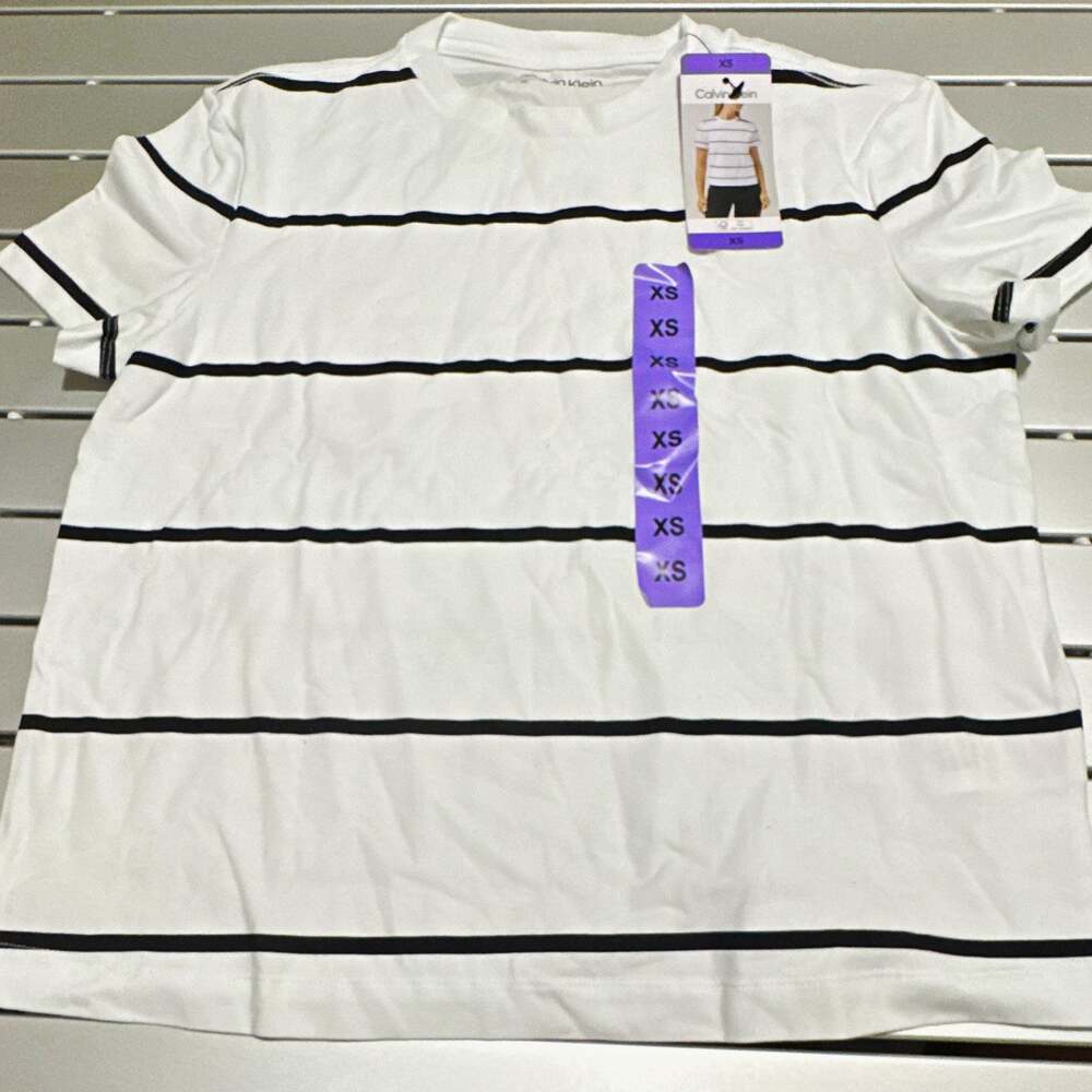 Calvin Klein Women's XS White/Black Striped Stretch Logo Crew Neck Tee 1965037